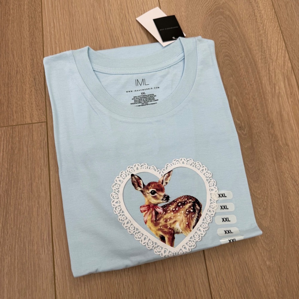 IML Delusional Fawn Heart Graphic Tee Light Blue Short Sleeve T-Shirt NEW